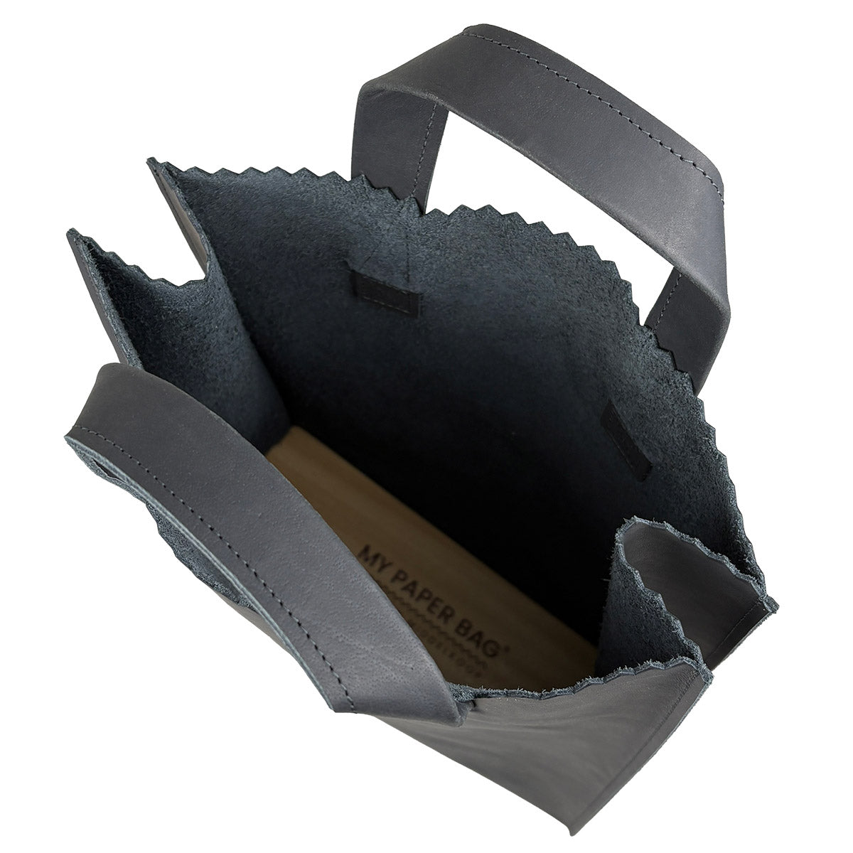 Gray paper bag with a handle on a white background