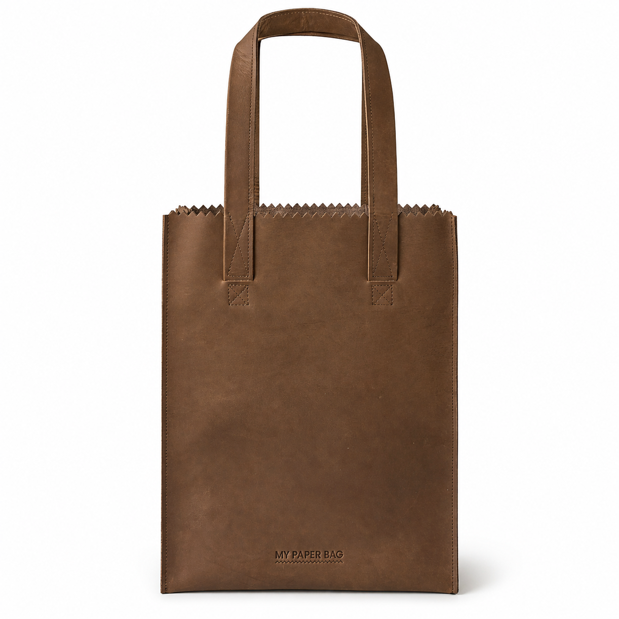 Brown paper bag with handles on a white background