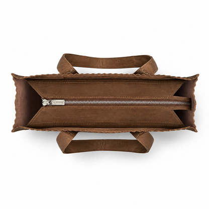 Brown fabric bag with a zipper on a white background