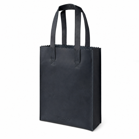 Black tote bag with handles on a white background