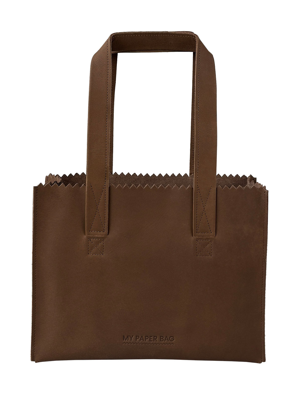 Brown leather tote bag with handle on a white background