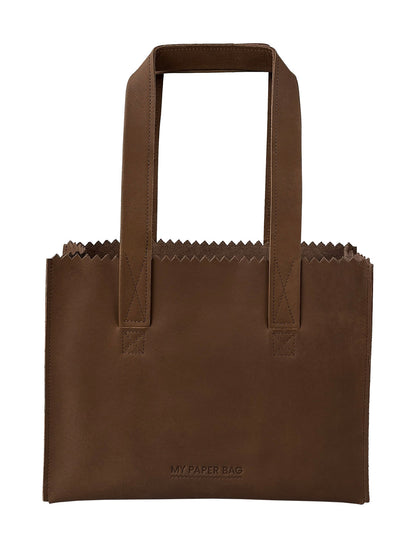 Brown leather tote bag with handle on a white background