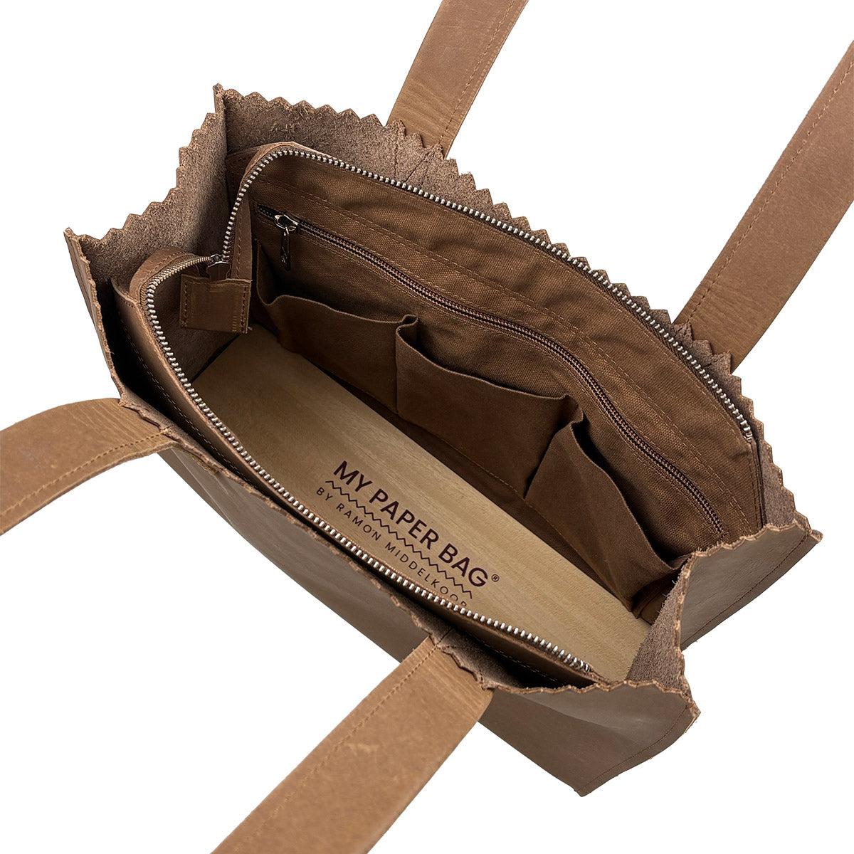 Brown paper bag with visible branding on a white background