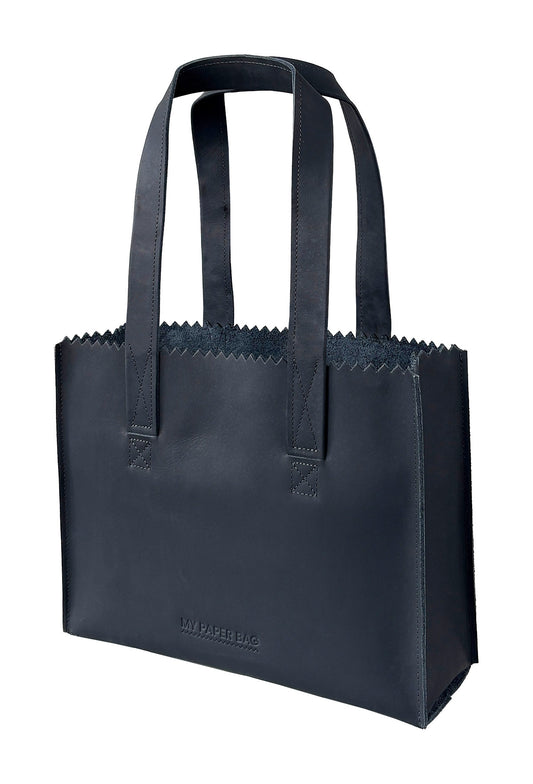 Black tote bag with handles on a white background