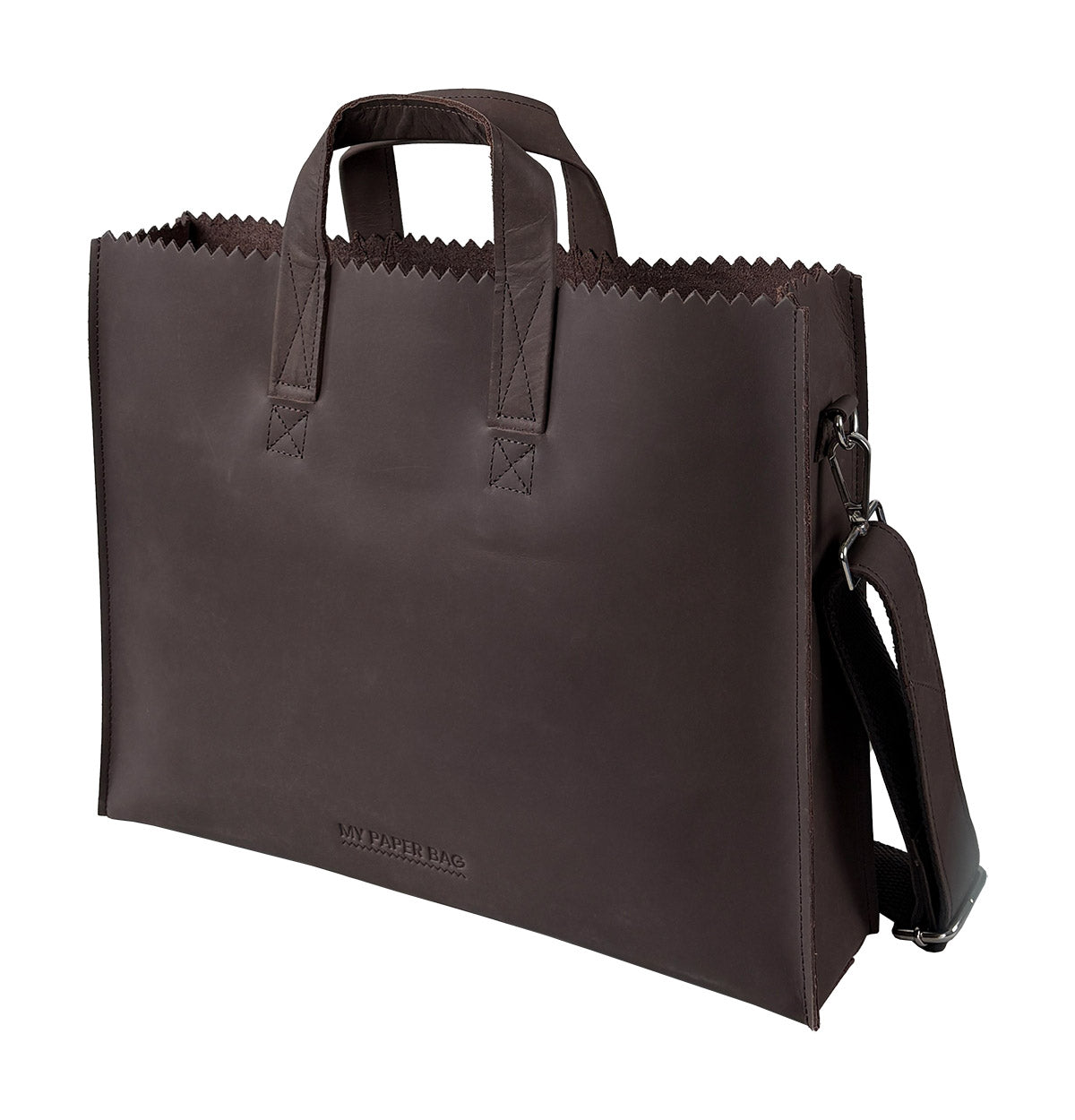 Brown leather tote bag with shoulder strap on a white background