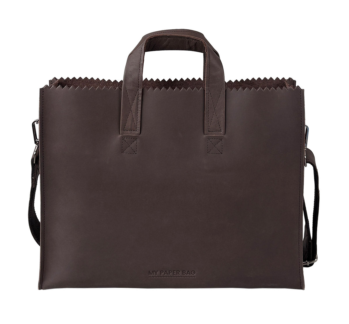 Brown paper bag with handles and a strap on a white background