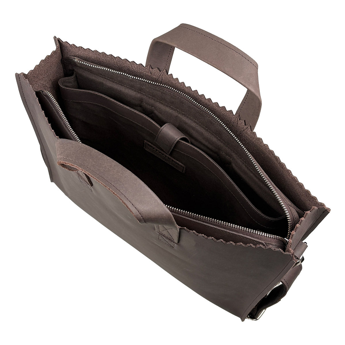 Brown leather briefcase with a handle on a white background
