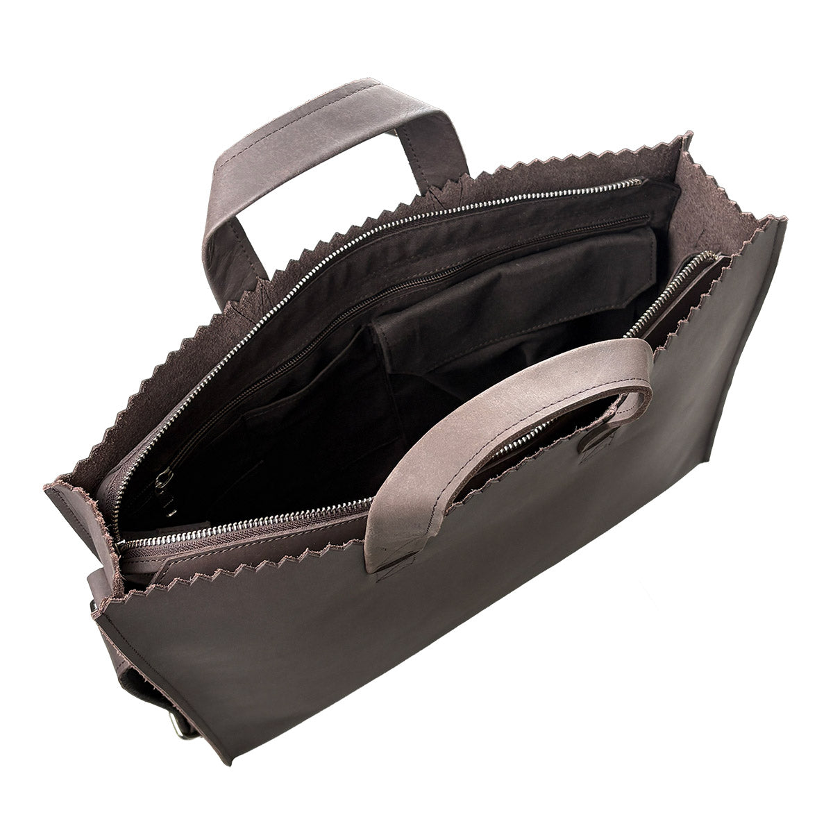 Open brown leather briefcase with a handle on a white background
