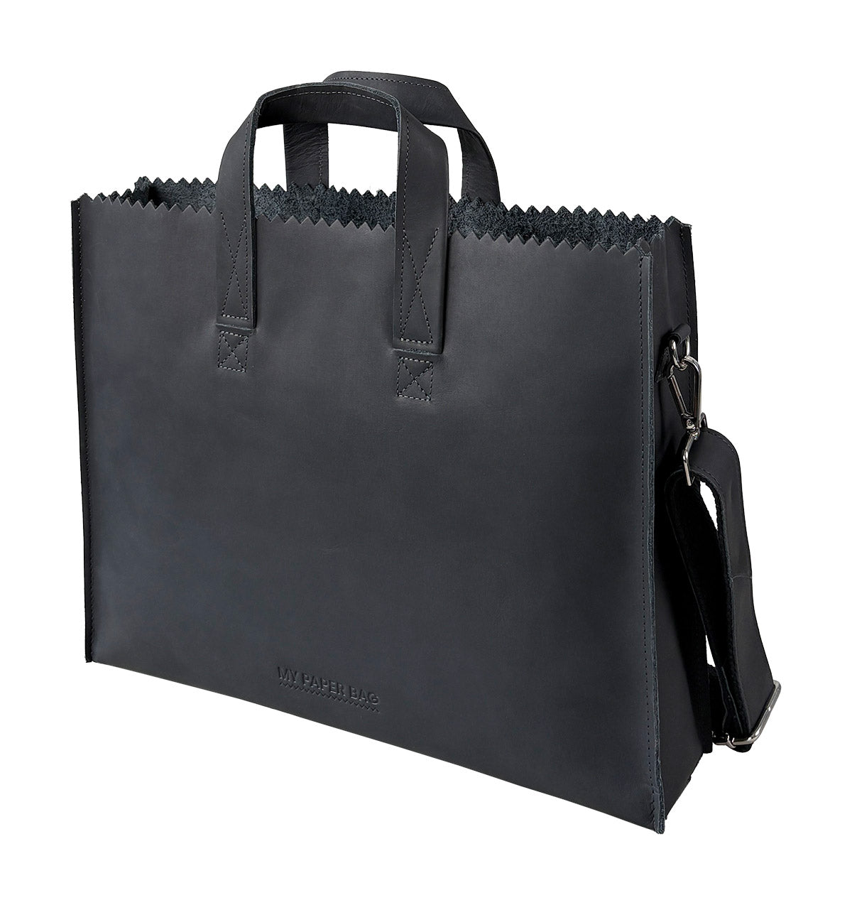 Black leather briefcase with shoulder strap on a white background