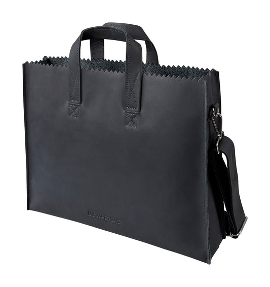 Black leather briefcase with shoulder strap on a white background