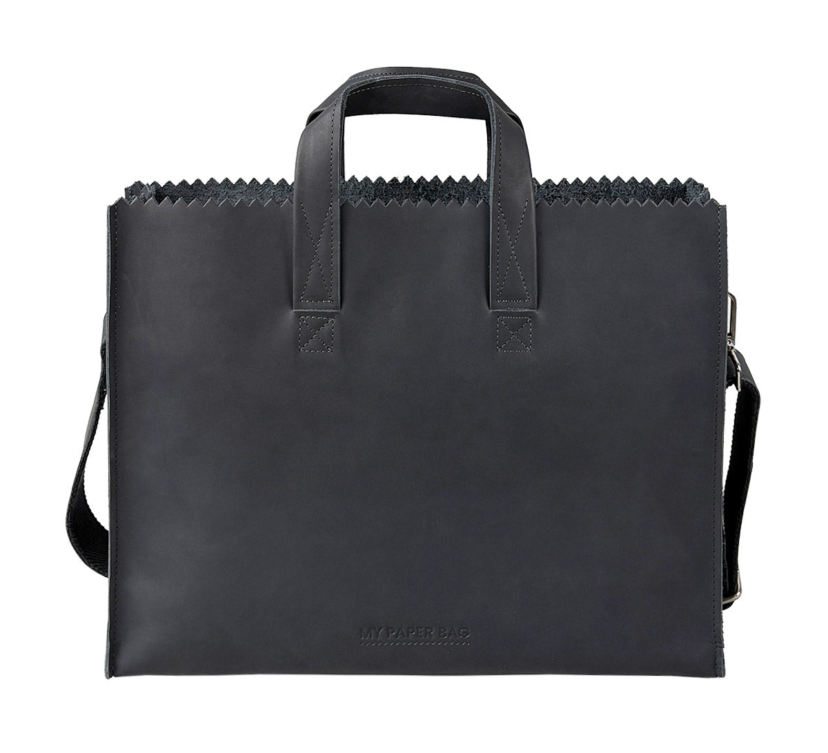 Black leather bag with handles and a shoulder strap on a white background