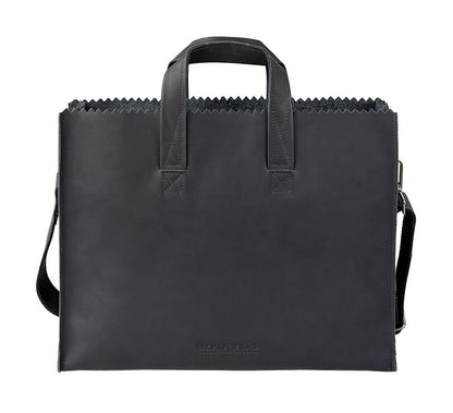 Black leather bag with handles and a shoulder strap on a white background