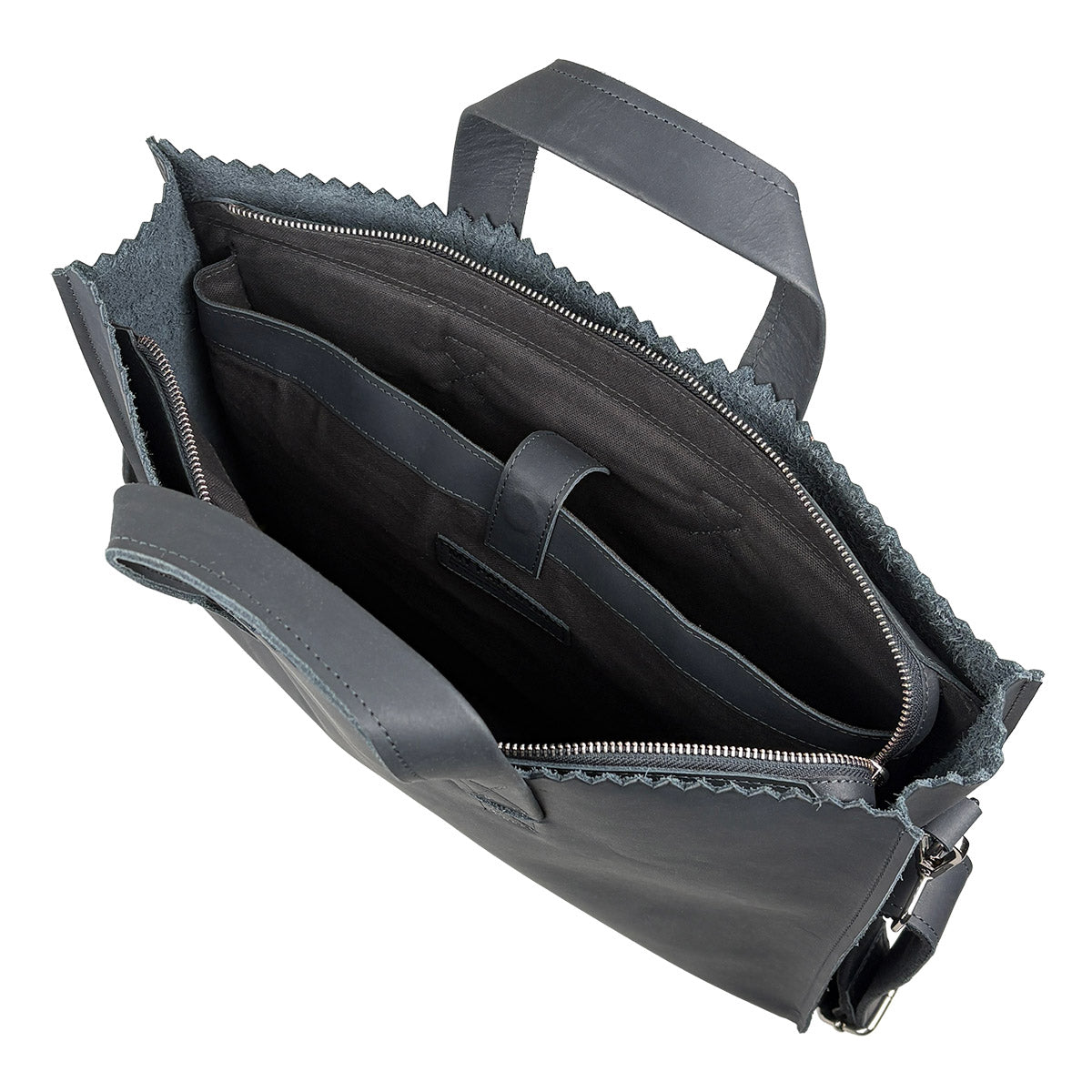Black handbag with a zipper on a white background