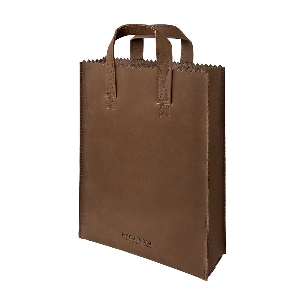 Brown paper bag with handles on a white background