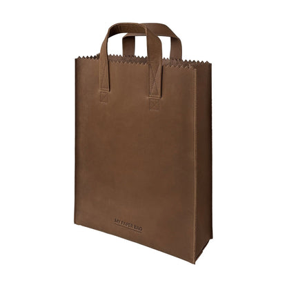 Brown paper bag with handles on a white background