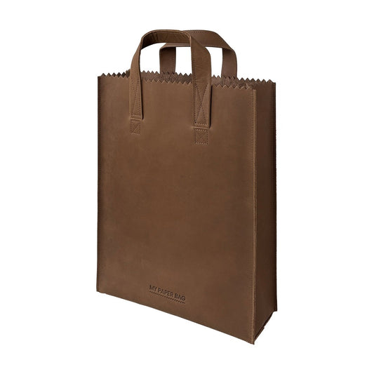 Brown paper bag with handles on a white background