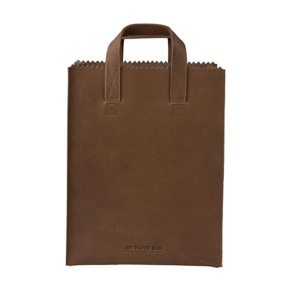 Brown paper bag with handles on a white background